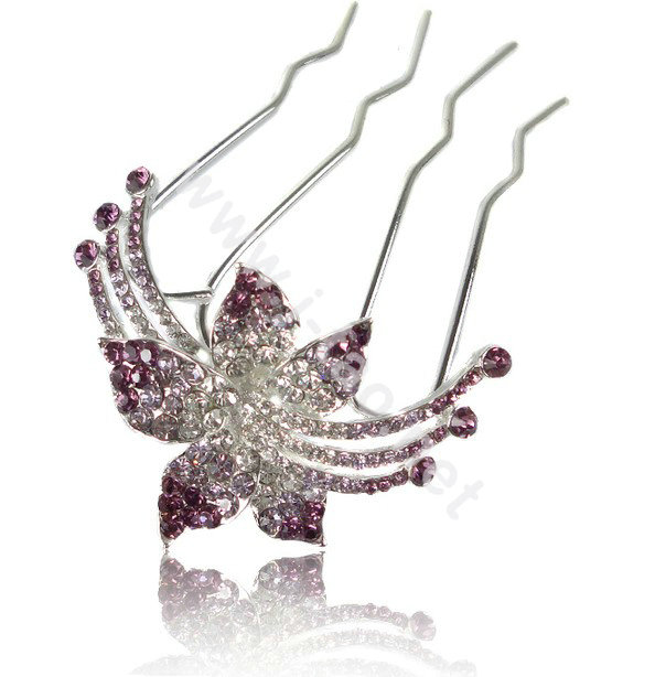 Hair Accessories Flower Alloy Crystal Rhinestone Hair Pin Clip Fork Combs - Purple