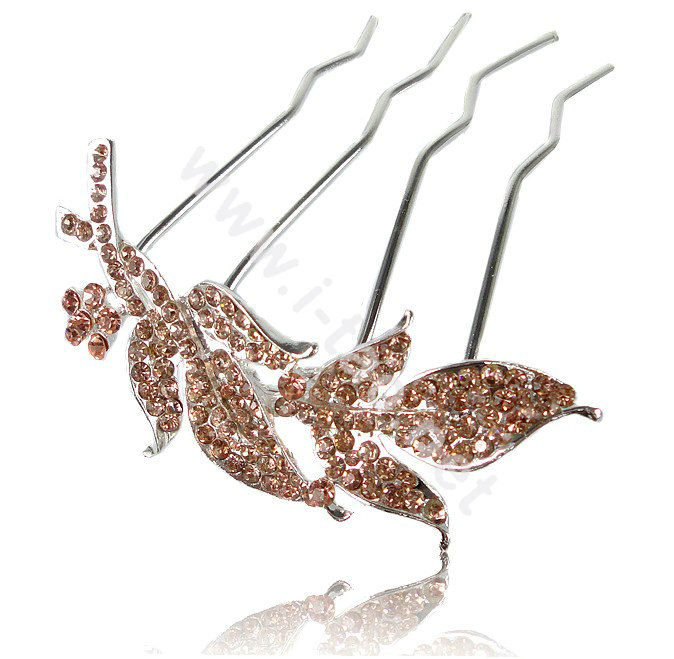 Hair Accessories Leaf Alloy Crystal Rhinestone Hair Pin Clip Fork Combs - Champagne