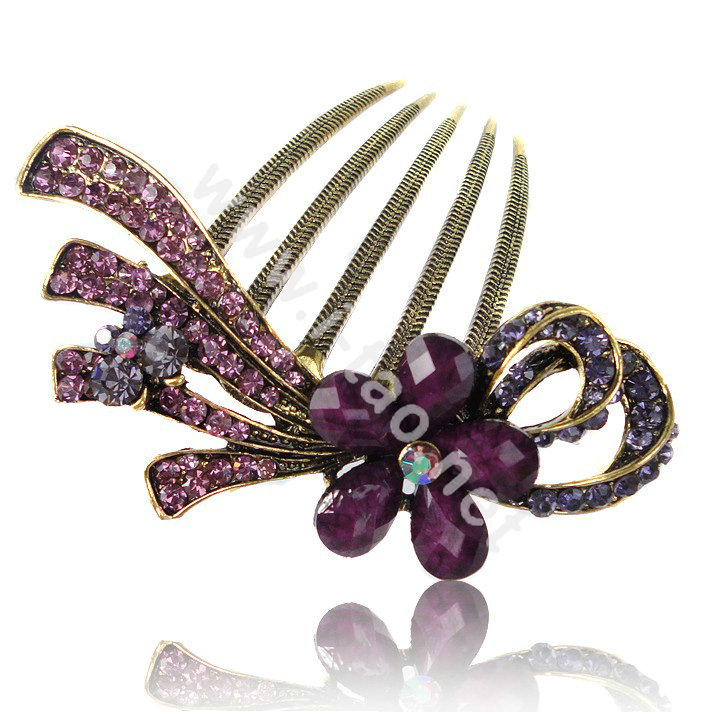 Hair Accessories Retro Flower Rhinestone Crystal Alloy Hair Combs Clip - Purple