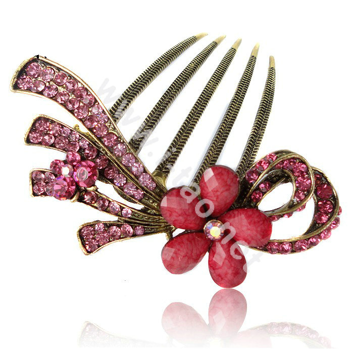 Hair Accessories Retro Flower Rhinestone Crystal Alloy Hair Combs Clip - Rose