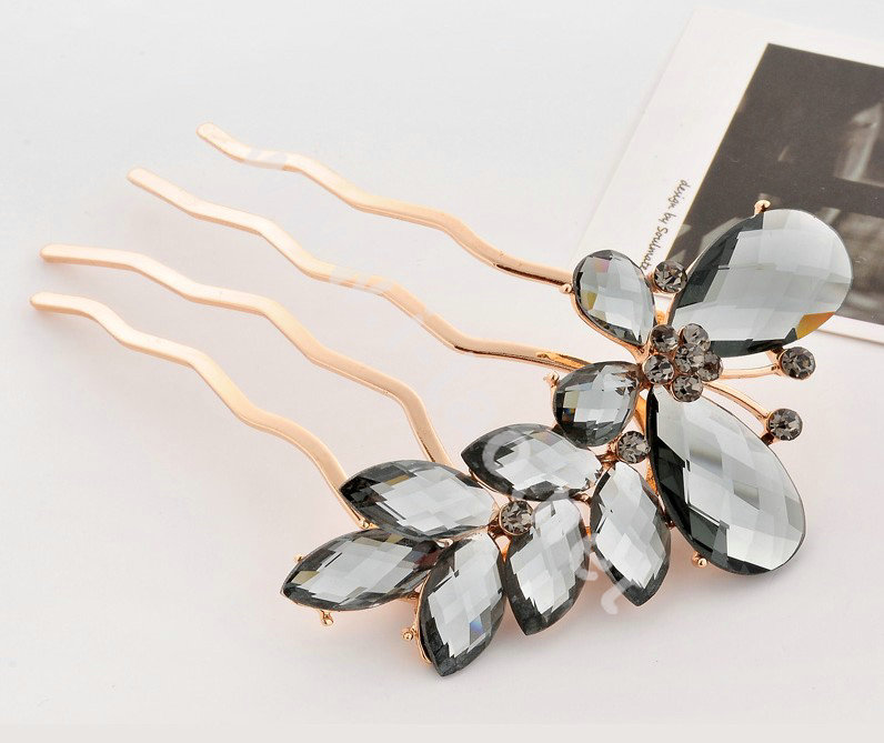 Hair Accessories Rhinestone Crystal Alloy Butterfly Hair Pin Clip Fork Combs - Gray