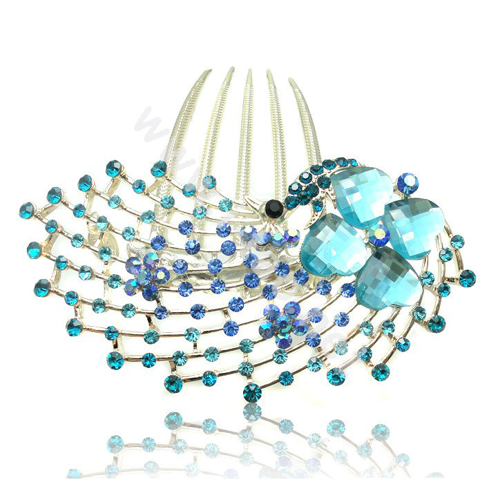 Hair Accessories Rhinestone Crystal Alloy Peacock Hair Pin Clip Combs - Blue