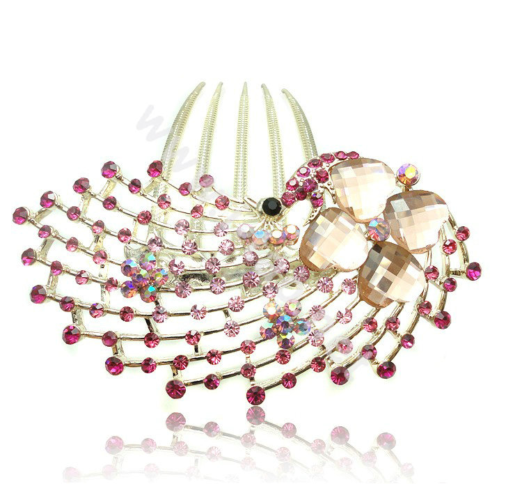 Hair Accessories Rhinestone Crystal Alloy Peacock Hair Pin Clip Combs - Pink