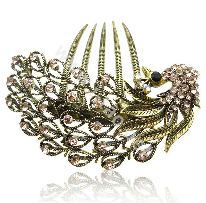 Hair Accessories Rhinestone Crystal Antique Peacock Alloy Hair Clip Combs - Champagne