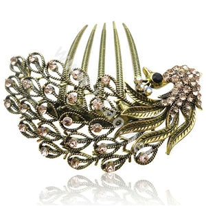 Hair Accessories Rhinestone Crystal Antique Peacock Alloy Hair Clip Combs - Champagne