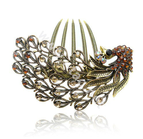 Hair Accessories Rhinestone Crystal Antique Peacock Alloy Hair Clip Combs - Coffee