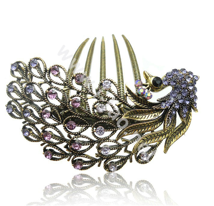 Hair Accessories Rhinestone Crystal Antique Peacock Alloy Hair Clip Combs - Purple