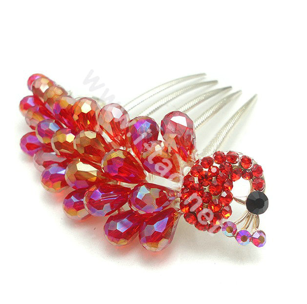 Hair Accessories Rhinestone Crystal Beads Peacock Alloy Hair Clip Combs - Red