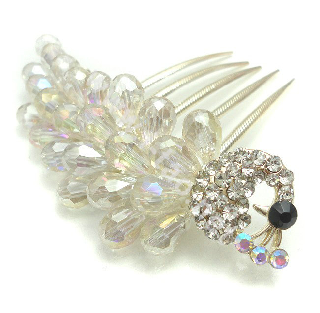 Hair Accessories Rhinestone Crystal Beads Peacock Alloy Hair Clip Combs - White