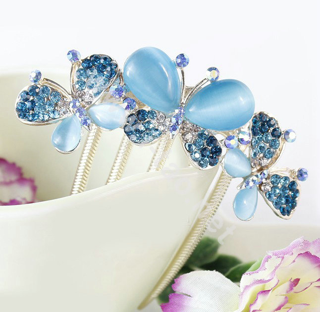 Hair Accessories Rhinestone Crystal Butterfly Alloy Hair Clip Combs - Blue