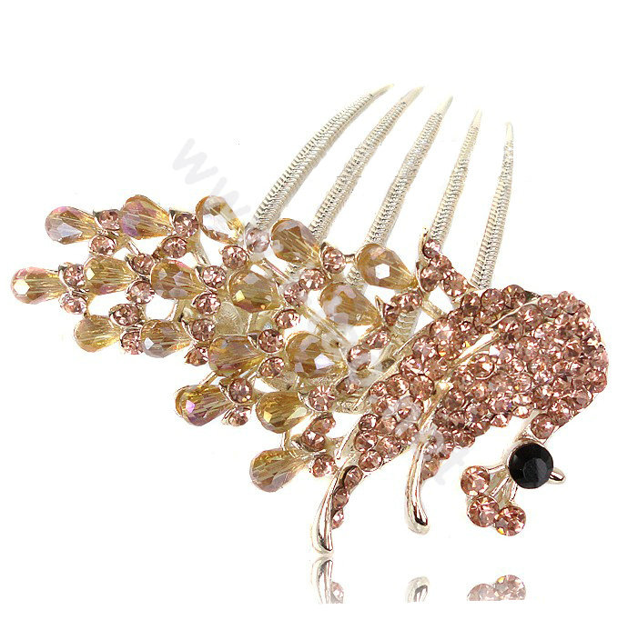 Hair Accessories Rhinestone Crystal Peacock Alloy Hair Clip Combs - Champagne