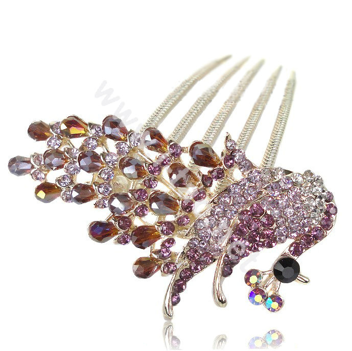 Hair Accessories Rhinestone Crystal Peacock Alloy Hair Clip Combs - Purple