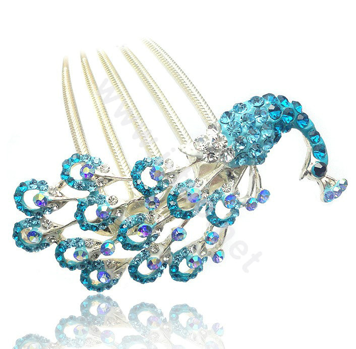 Hair Accessories Rhinestone Crystal Peacock Alloy Hair Combs Clip - Blue