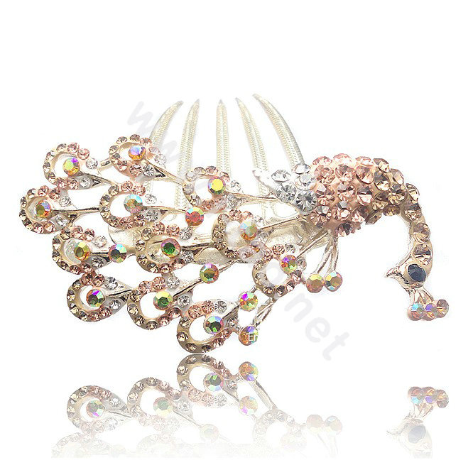 Hair Accessories Rhinestone Crystal Peacock Alloy Hair Combs Clip - Champagne