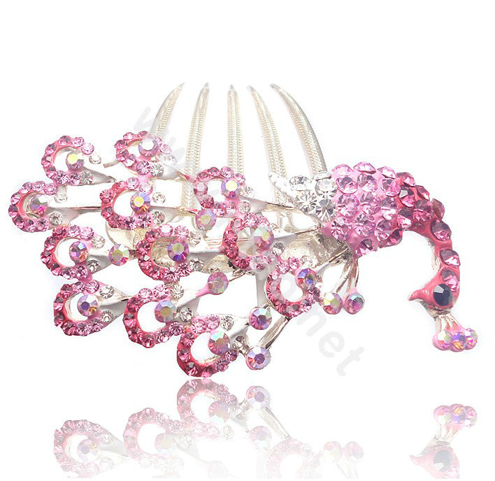 Hair Accessories Rhinestone Crystal Peacock Alloy Hair Combs Clip - Pink