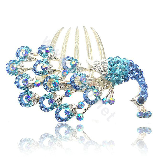 Hair Accessories Rhinestone Crystal Peacock Alloy Hair Combs Clip - Sky blue