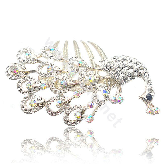 Hair Accessories Rhinestone Crystal Peacock Alloy Hair Combs Clip - White