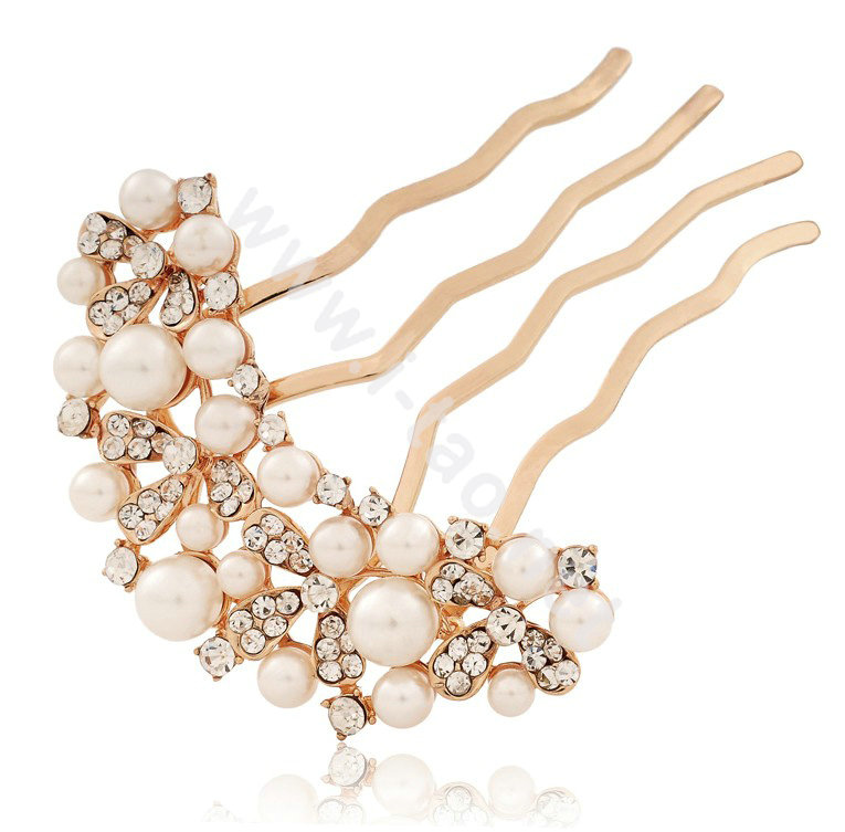 Hair Accessories Rhinestone Crystal Pearl Bridal Combs Hair Pin Clip Fork - White