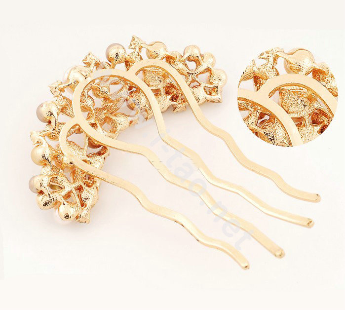 Hair Accessories Rhinestone Crystal Pearl Bridal Combs Hair Pin Clip Fork - White