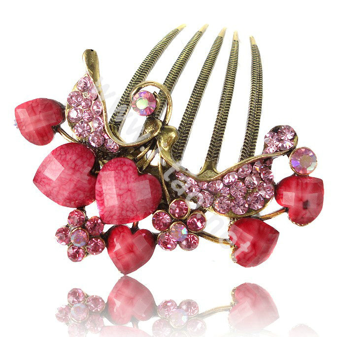 Hair Accessories Rhinestone Crystal Retro Love Heart Alloy Hair Clip Combs - Pink