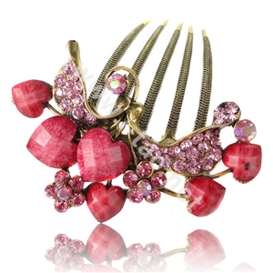 Hair Accessories Rhinestone Crystal Retro Love Heart Alloy Hair Clip Combs - Pink