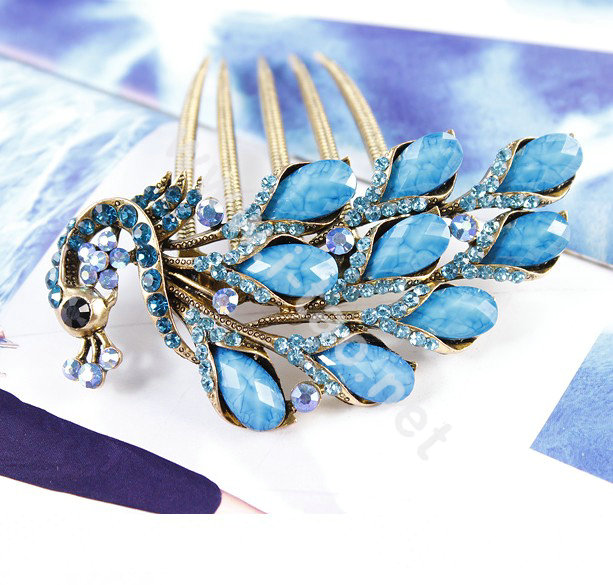 Hair Accessories Rhinestone Crystal Retro Peacock Alloy Hair Clip Combs - Blue