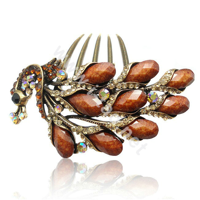 Hair Accessories Rhinestone Crystal Retro Peacock Alloy Hair Clip Combs - Coffee