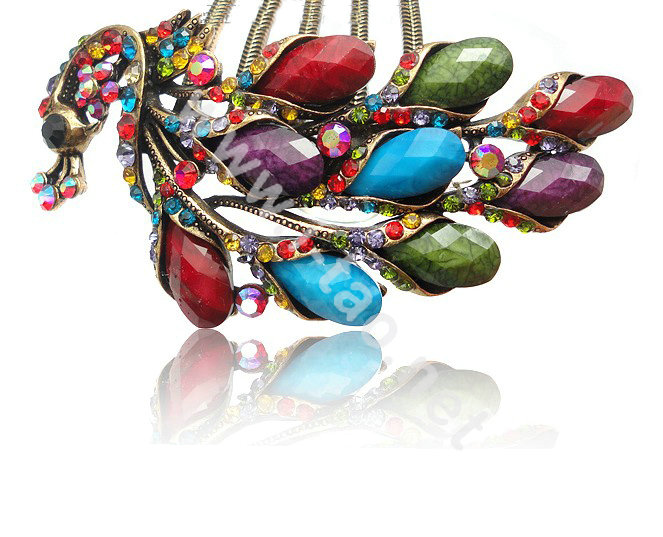 Hair Accessories Rhinestone Crystal Retro Peacock Alloy Hair Clip Combs - Multicolor