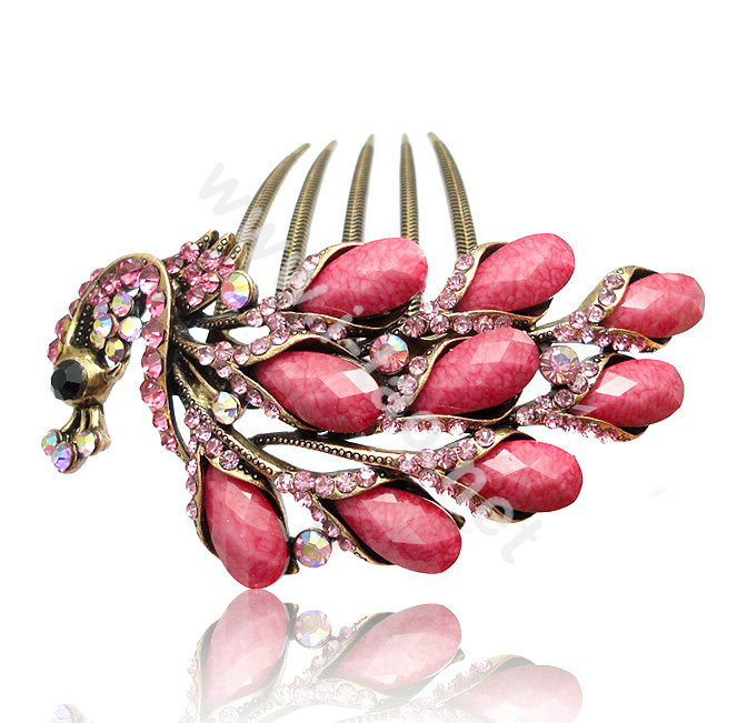 Hair Accessories Rhinestone Crystal Retro Peacock Alloy Hair Clip Combs - Pink
