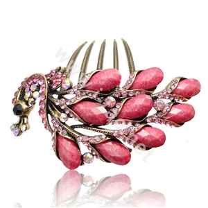 Hair Accessories Rhinestone Crystal Retro Peacock Alloy Hair Clip Combs - Pink