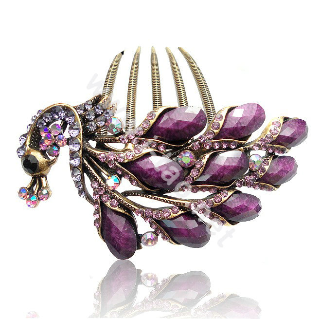 Hair Accessories Rhinestone Crystal Retro Peacock Alloy Hair Clip Combs - Purple