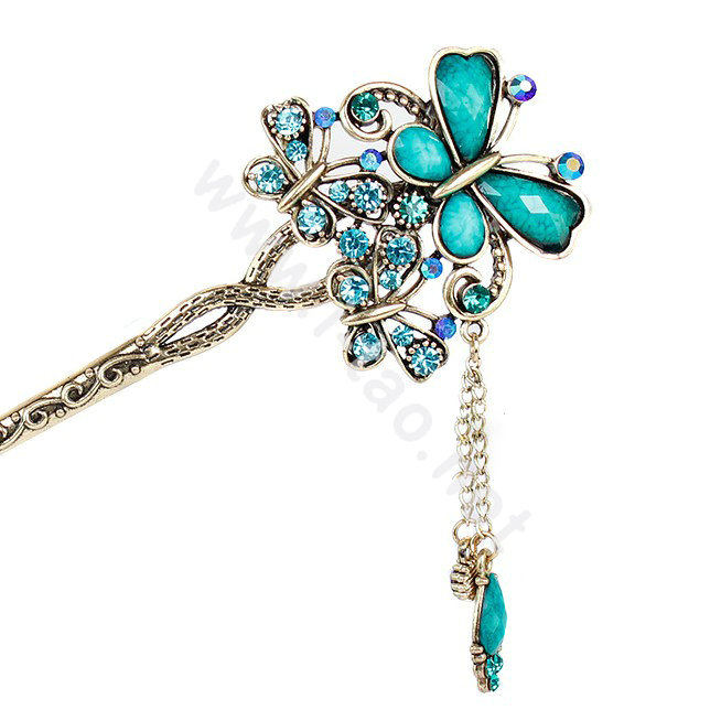 Retro Tassel Crystal Rhinestone Butterfly Hairpin Hair Clasp Clip Fork Stick - Blue
