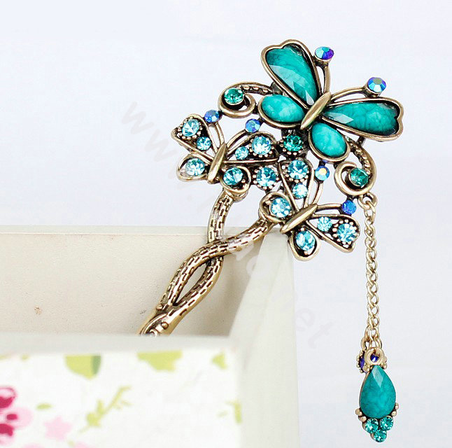 Retro Tassel Crystal Rhinestone Butterfly Hairpin Hair Clasp Clip Fork Stick - Blue