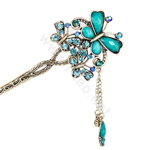 Retro Tassel Crystal Rhinestone Butterfly Hairpin Hair Clasp Clip Fork Stick - Blue