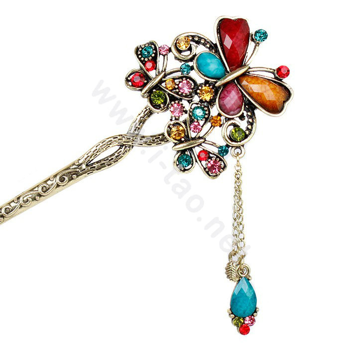 Retro Tassel Crystal Rhinestone Butterfly Hairpin Hair Clasp Clip Fork Stick - Multicolor