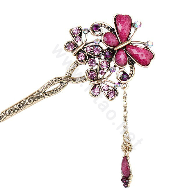 Retro Tassel Crystal Rhinestone Butterfly Hairpin Hair Clasp Clip Fork Stick - Purple