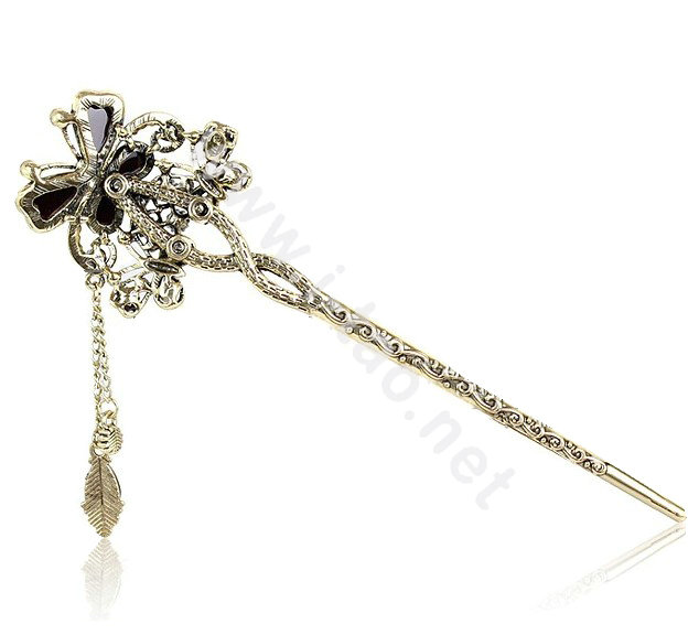 Retro Tassel Crystal Rhinestone Butterfly Hairpin Hair Clasp Clip Fork Stick - Purple