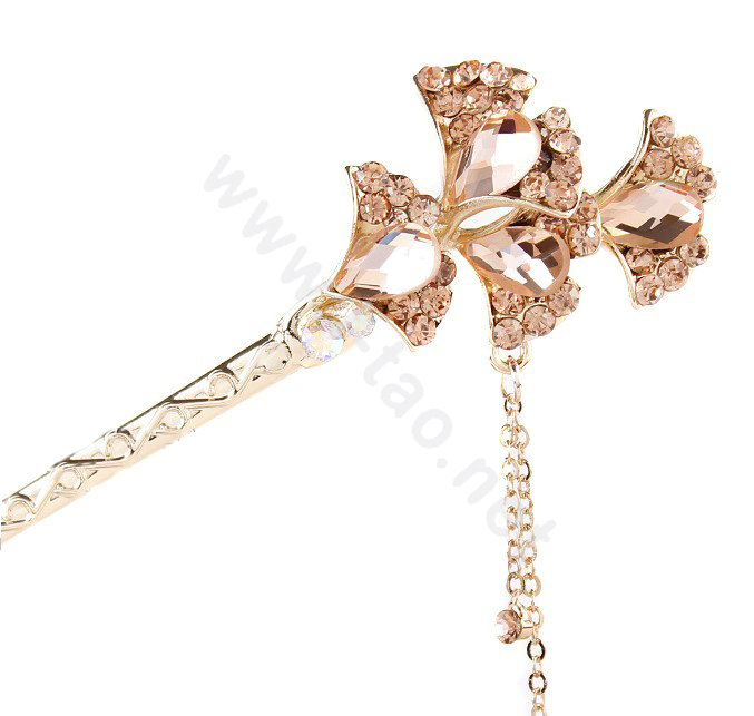 Retro Tassel Crystal Rhinestone Flower Hairpin Hair Clasp Clip Fork Stick - Champagne