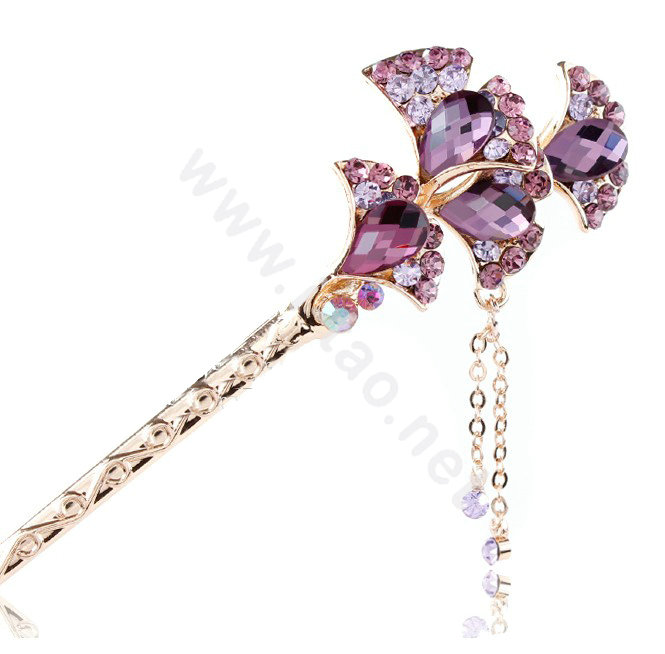 Retro Tassel Crystal Rhinestone Flower Hairpin Hair Clasp Clip Fork Stick - Purple