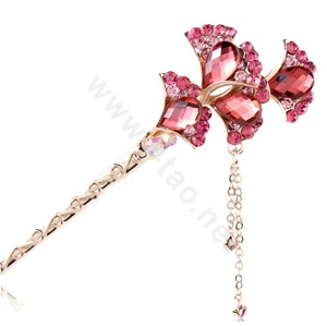 Retro Tassel Crystal Rhinestone Flower Hairpin Hair Clasp Clip Fork Stick - Red