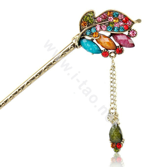 Retro Tassel Crystal Rhinestone Leaf Hairpin Hair Clasp Clip Fork Stick - Multicolor