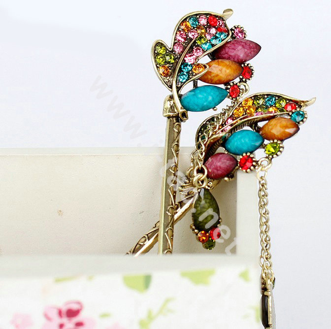 Retro Tassel Crystal Rhinestone Leaf Hairpin Hair Clasp Clip Fork Stick - Multicolor