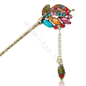 Retro Tassel Crystal Rhinestone Leaf Hairpin Hair Clasp Clip Fork Stick - Multicolor