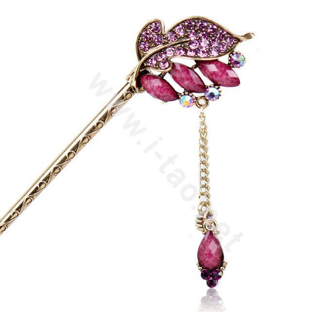 Retro Tassel Crystal Rhinestone Leaf Hairpin Hair Clasp Clip Fork Stick - Purple