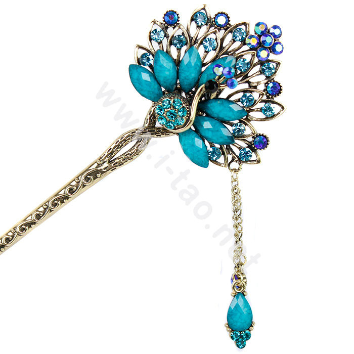 Retro Tassel Crystal Rhinestone Peacock Hairpin Hair Clasp Clip Fork Stick - Blue