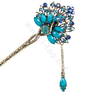 Retro Tassel Crystal Rhinestone Peacock Hairpin Hair Clasp Clip Fork Stick - Blue