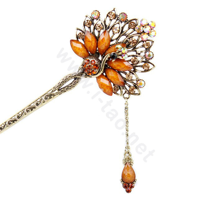 Retro Tassel Crystal Rhinestone Peacock Hairpin Hair Clasp Clip Fork Stick - Coffee