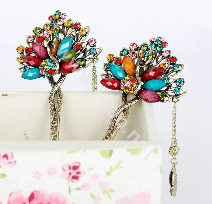 Retro Tassel Crystal Rhinestone Peacock Hairpin Hair Clasp Clip Fork Stick - Multicolor