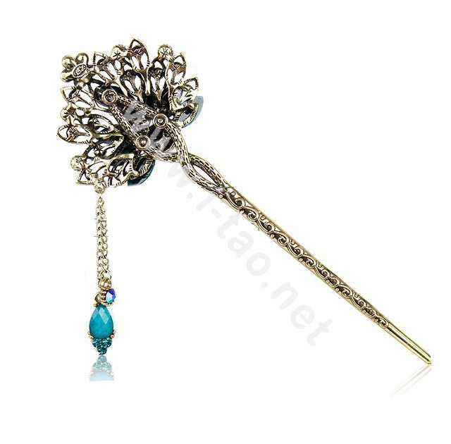 Retro Tassel Crystal Rhinestone Peacock Hairpin Hair Clasp Clip Fork Stick - Multicolor