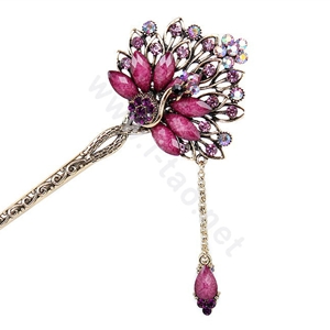 Retro Tassel Crystal Rhinestone Peacock Hairpin Hair Clasp Clip Fork Stick - Purple